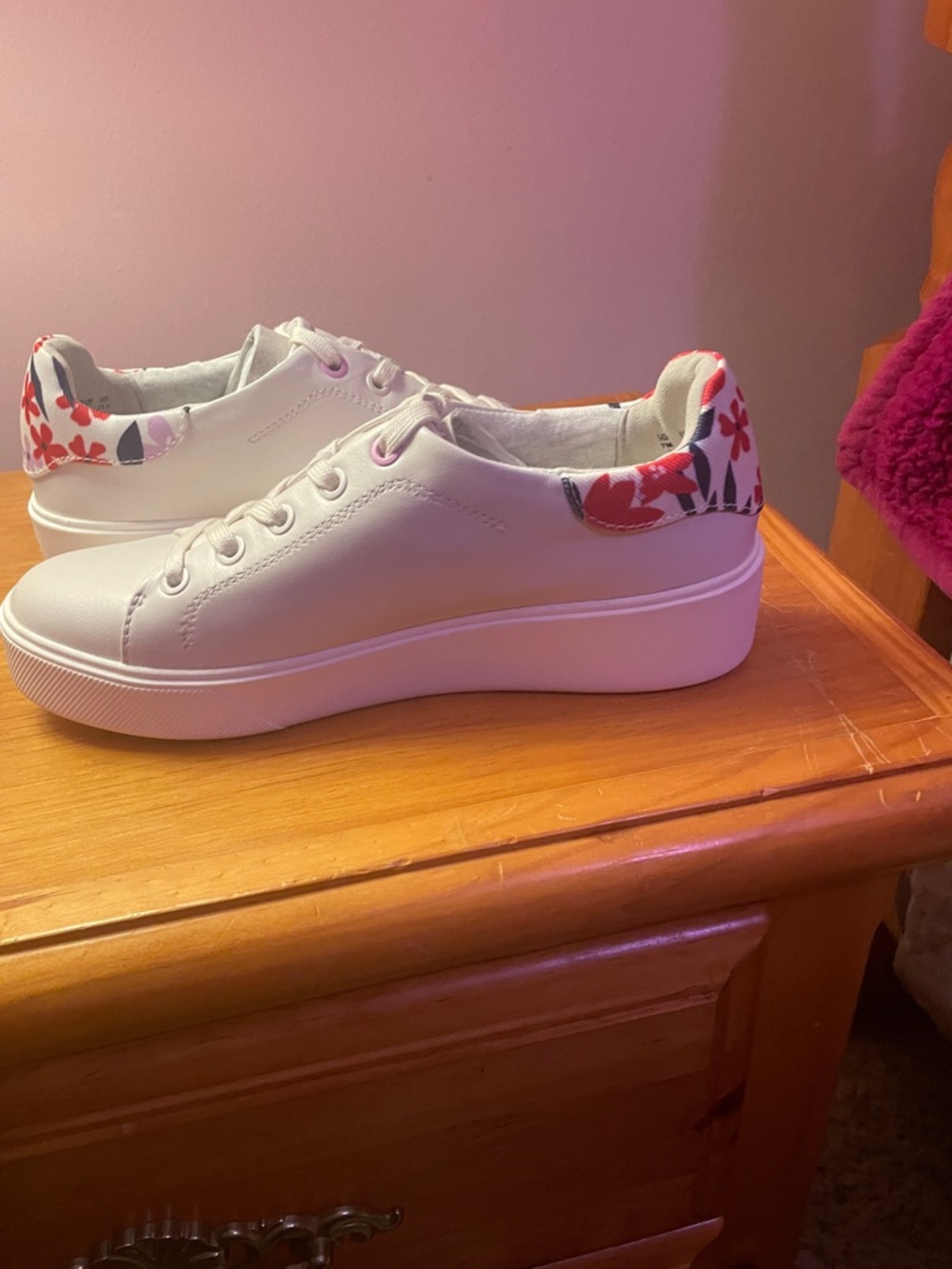 Naturalizer White Platform Sneakers with Red and Pink Floral Heel